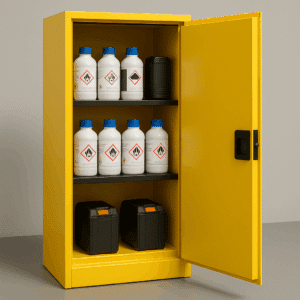 Armoire de sécurité jaune (ouverte) pour stockage de produits dangereux. Sept bouteilles avec pictogrammes GHS 07 et contenants noirs.