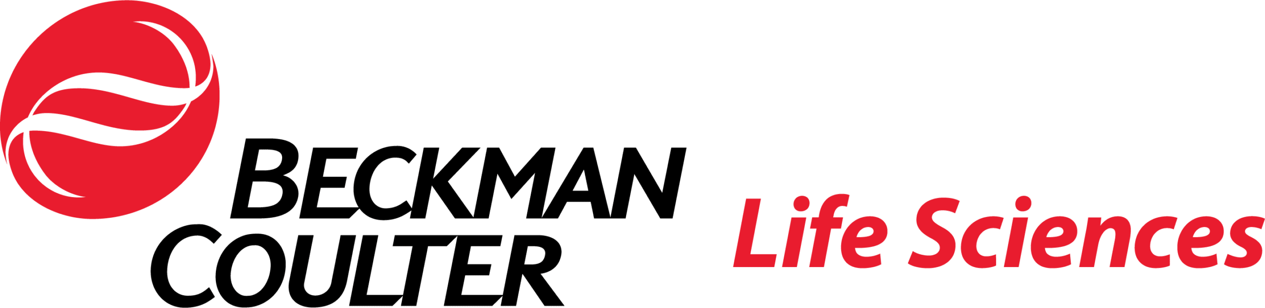 Logo Beckman Coulter Life Sciences : Technologie Médicale Logo Beckman Coulter Life Sciences avec un cercle rouge à vagues blanches et texte noir et rouge stylisé.