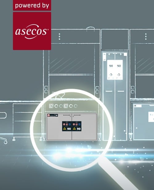 Armoire de Sécurité Asecos Type 90 : Expertise Labo Armoire de sécurité Asecos Type 90 mise en évidence par une loupe dans un laboratoire technique.